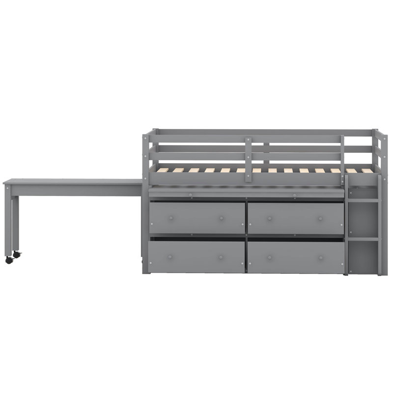 Ilakkiya Loft Bed with Retractable Writing Desk and 4 Drawers, Gray, Twin