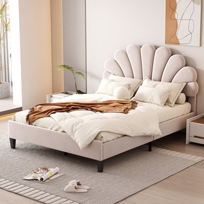 Upholstered Platform Bed With Flower Pattern Velvet Headboard, by Grovelane