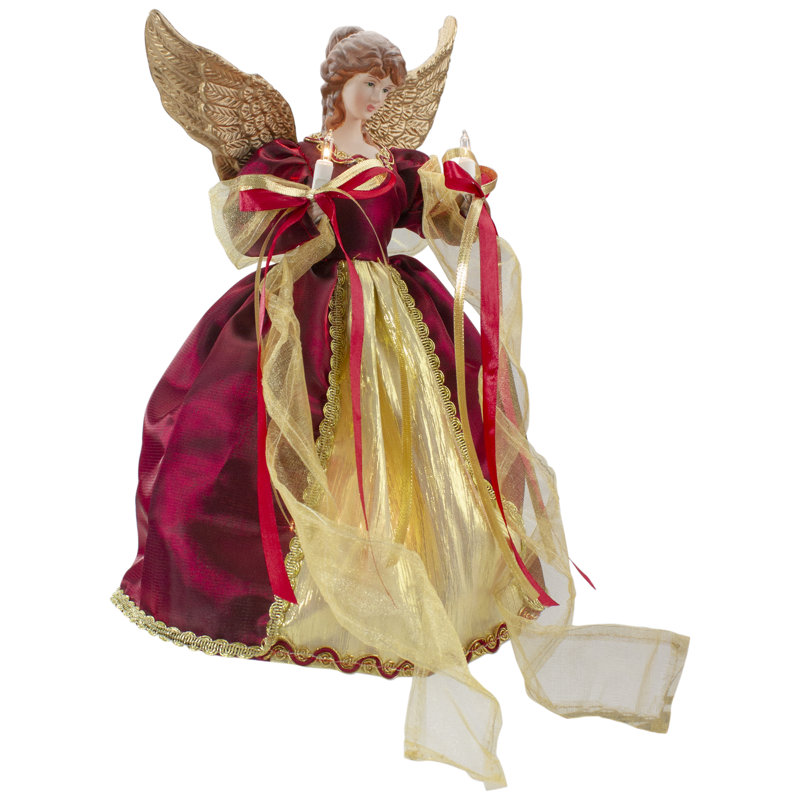 Décoration pour sommet de sapin ange avec ailes 13,5 po rouge et or - lumières claires