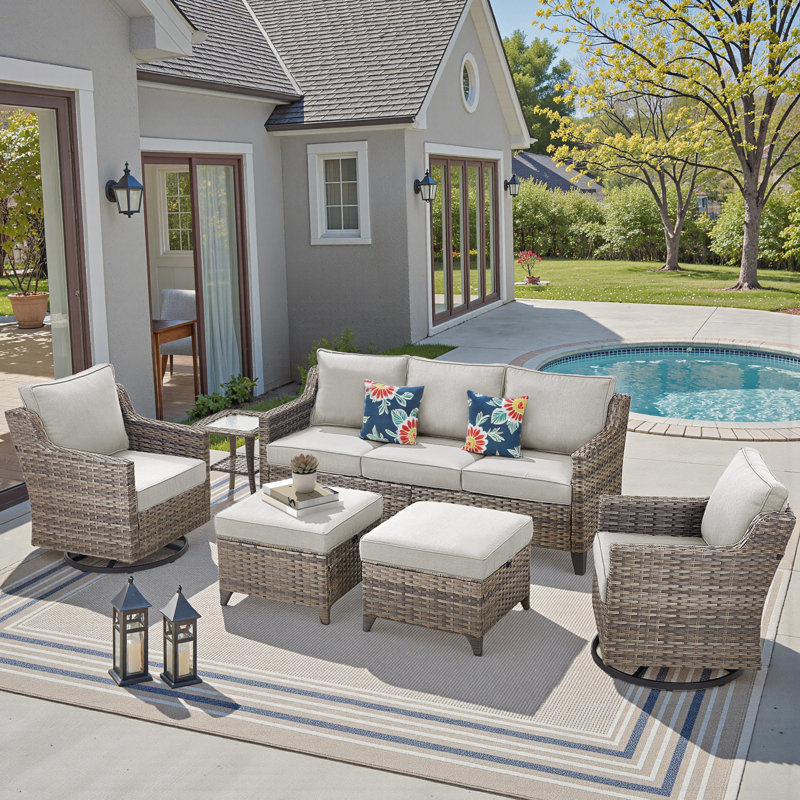 Lark Manor™ 6 Pieces Outdoor Wicker Patio Conversation Furniture Set, 5-Person Seating Group With Side Table & Ottomans, All-Weather PE Rattan Outdoor Sofa Set For Poolside, Garden, Deck, Blue, Beige