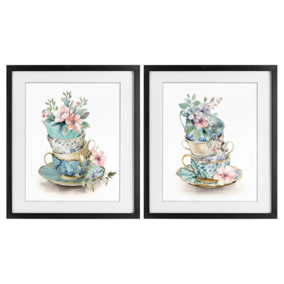 Tasse à thé empilable, ensemble de 2 impressions encadrées sous verre, par Kim Allen