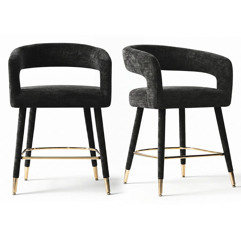 Tabouret de bar à dossier arrondi de 61 cm (24 po) recouvert de chenille avec repose-pieds doré, Noir