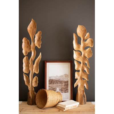  Botanical Vine Sculptures 47" H Teakwood Brown Carved Tabletop Set of 2