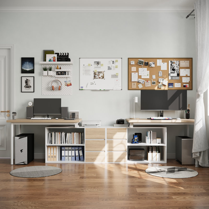 Tables avec tiroirs et tablettes, ensemble de 2, Blanc / beige