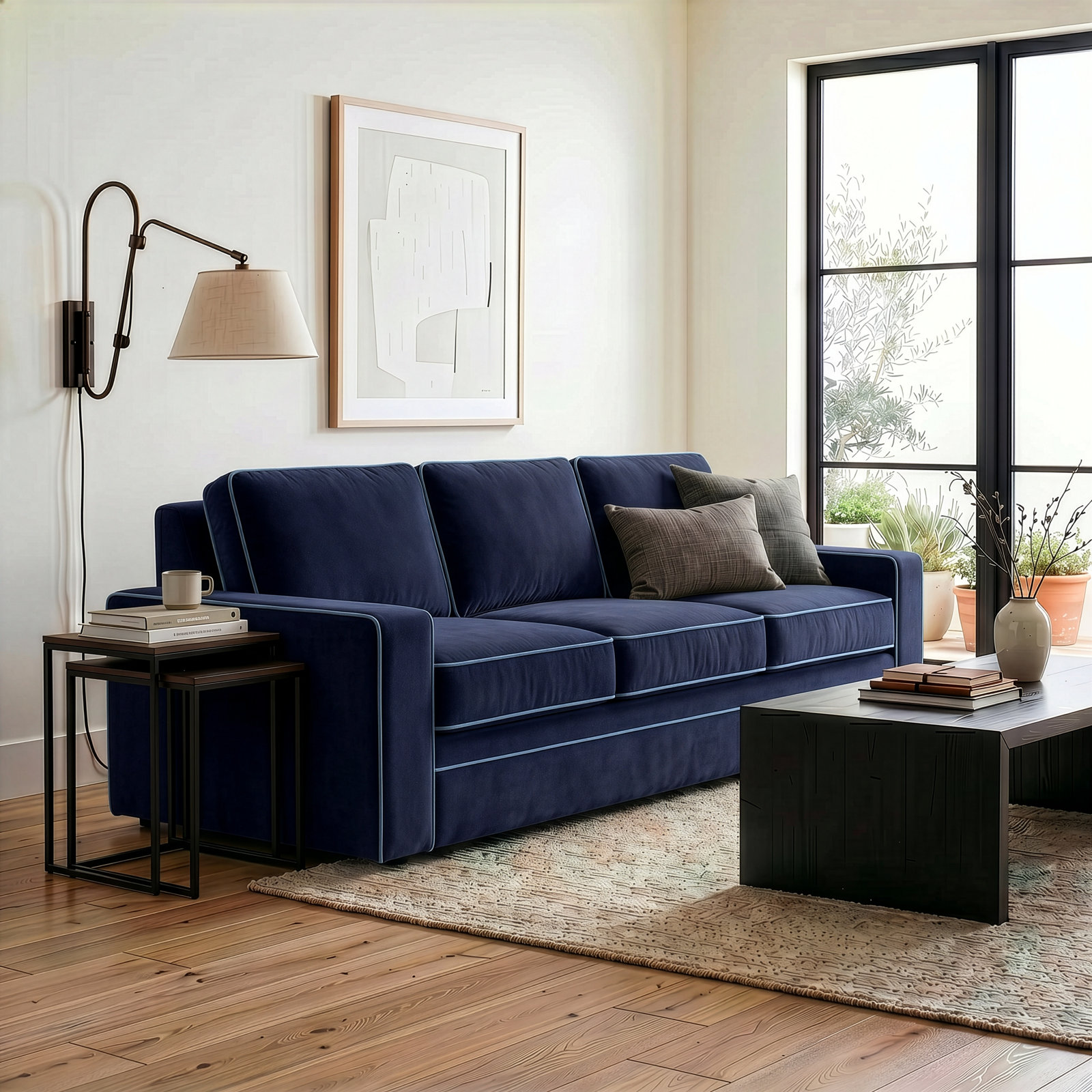 100'' Upholstered Sofa, Marquis Midnight with Blue Velvet Piping