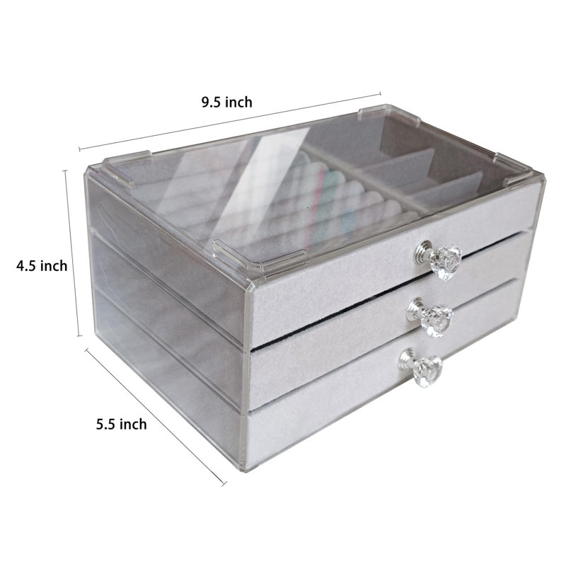 Stackable Clear Acrylic Velvet Jewellery Storage Box With 3 Drawers, Grey