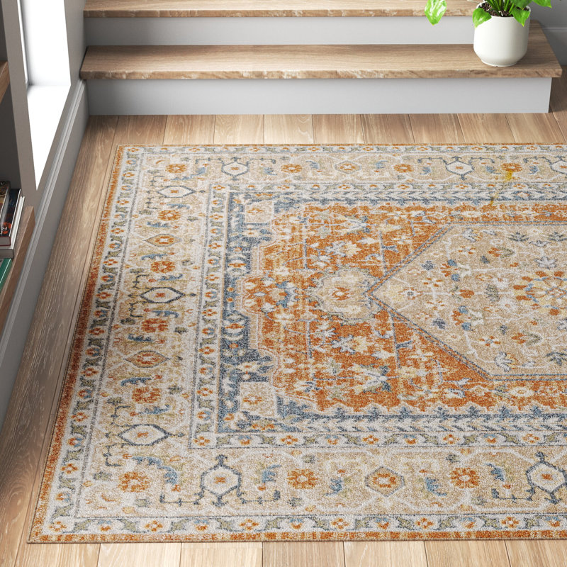 Kissena Machine Washable Oriental Burnt Orange Area Rug, Rectangle 6'7" x 9'