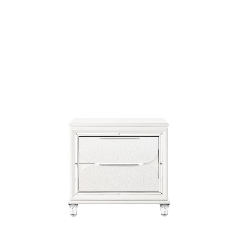 Table de chevet blanc perle avec un grand espace de rangement intérieur en mélange de bois et d'acrylique