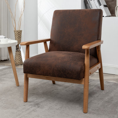 Fauteuil brun Mid-Century moderne de 25,36 po de largeur. Accoudoirs effilés en bois massif. Facile à assembler et à nettoyer. Cadre de ton moyen. Rembourrage en mousse confortable. Magnifique revêtement en microfibre.