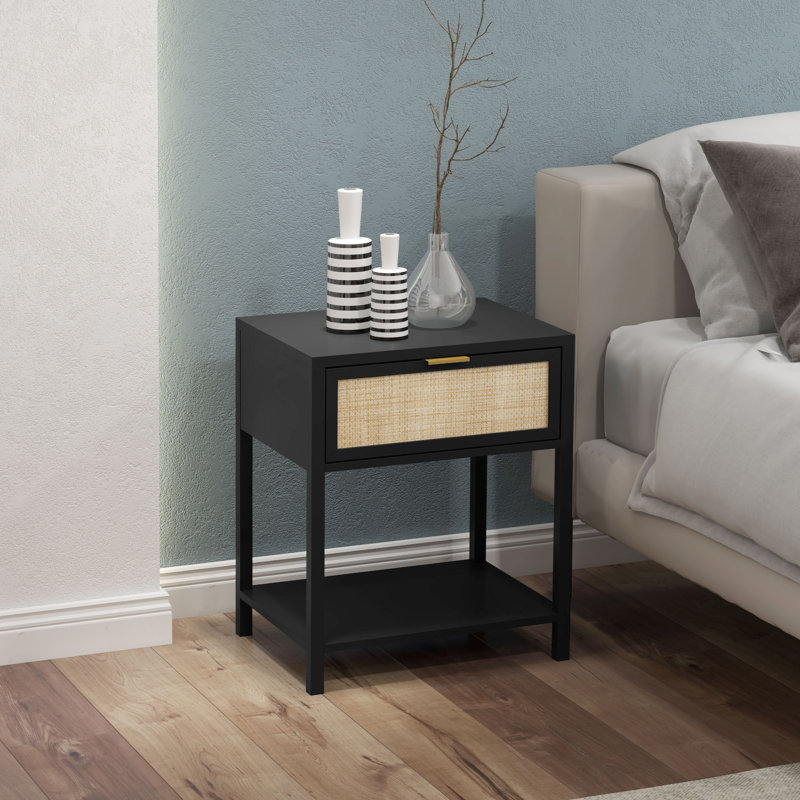 Table de chevet Boho avec tiroir, tablette ouverte et élément en rotin noir