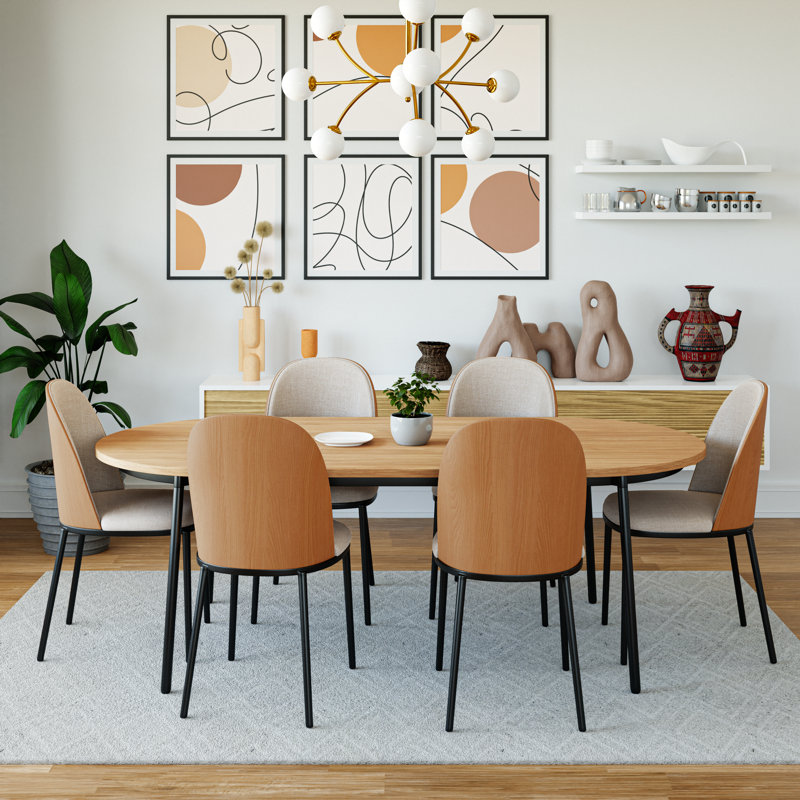 Kelce 6 Person 71" Oval Dining Table Set with Modern Upholstered Chairs, Natural Wood, Natural Wood/Beige