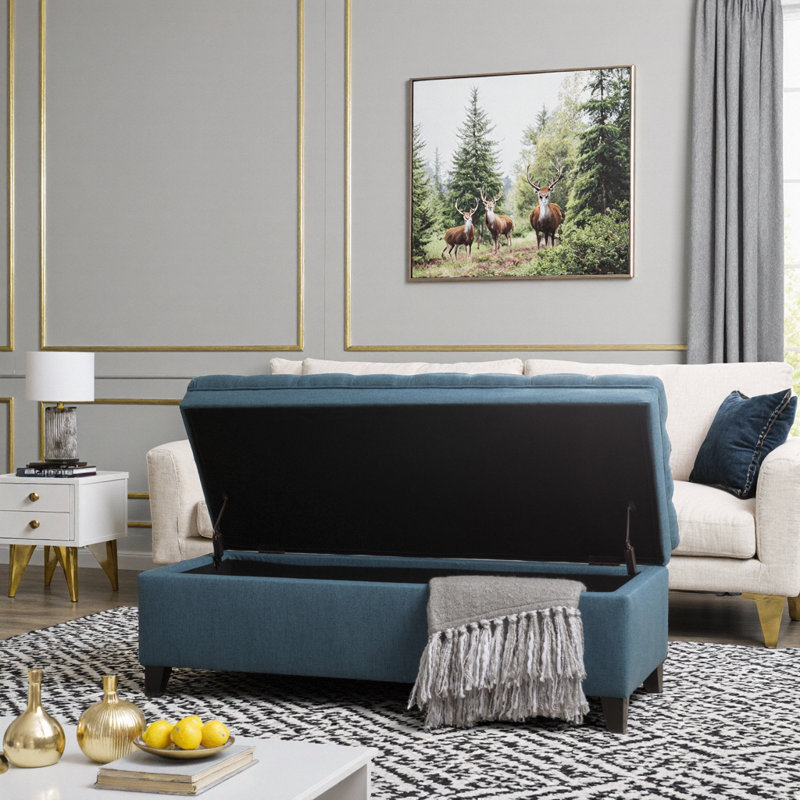 Fabric Storage Ottoman in Light Blue with Birch Legs, 50" Seating & Hidden Storage, Blue