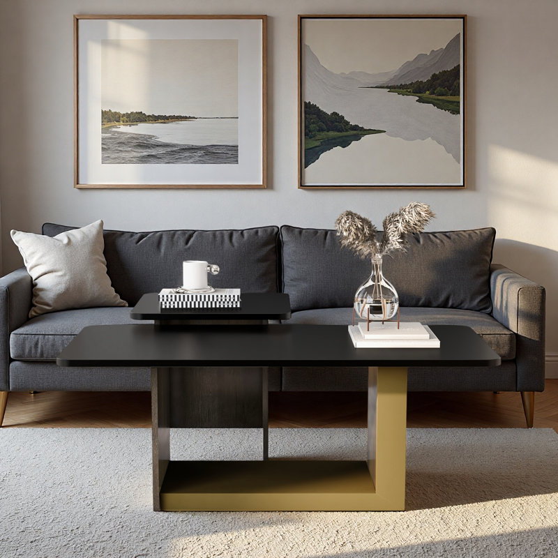 Ensemble de 2 tables basses de luxe avec plateau spacieux et cadre doré, Noir