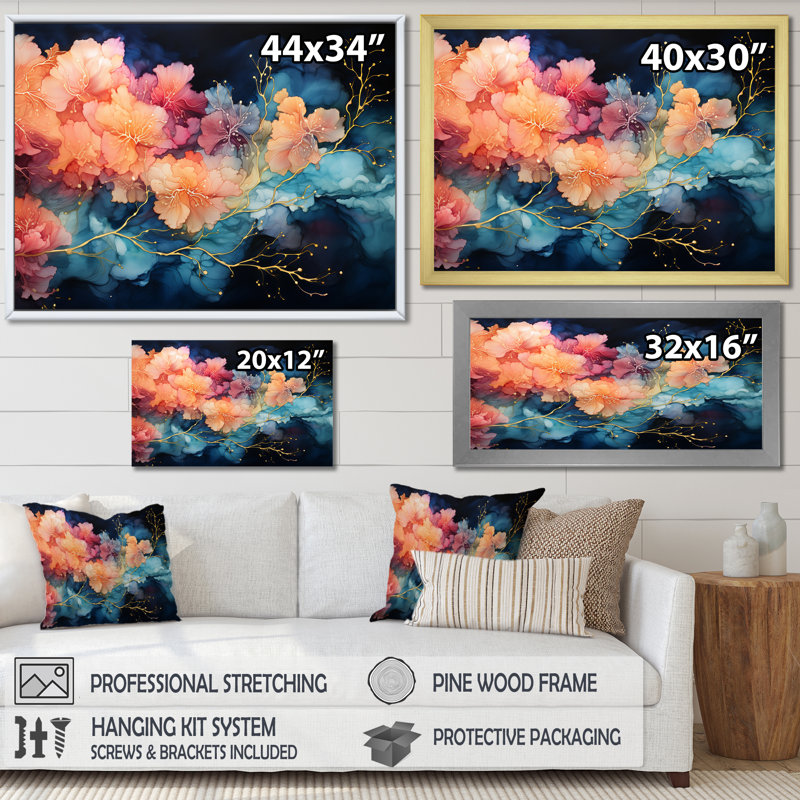 Céleste, corail et ciel bleu, impression sur toile, Cadre simple noir, H 12 po x l 20 po x P 1 po