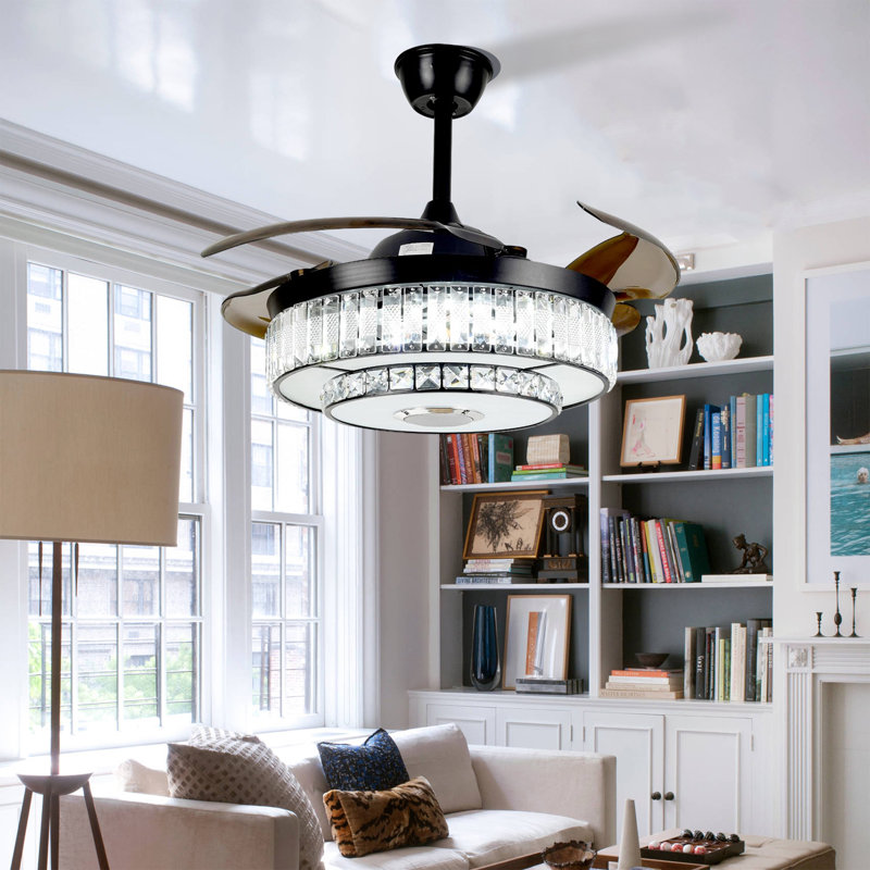 Hamite 43" Crystal Ceiling Fan with LED Lights & Bluetooth Speaker | Retractable Blades, Remote Control, RGB Color Changing Fan Light for Bedroom, Living Room & Office