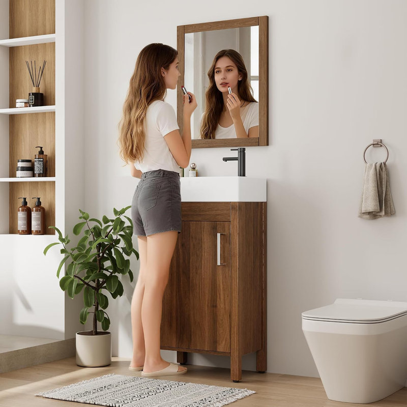 16 meubles de salle de bain autoportants avec lavabo et armoire de salle de bain, Walnut