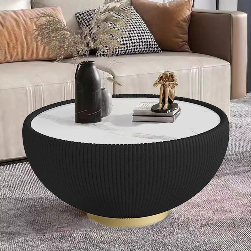 Modern Round Sintered Stone Pattern Tabletop Leather Edge Sofa End Table With Metal Base,Luxurious Side Table For Home Decor Living Room (Each Table Top Has A Unique Grey Pattern)