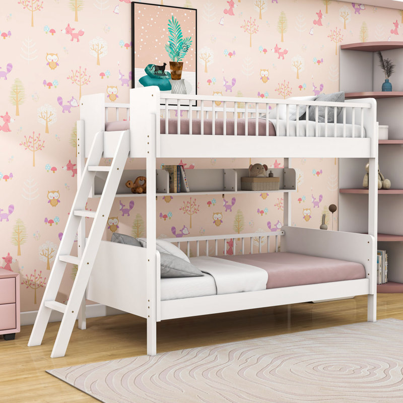 Twin Over Twin Wood Bunk Bed With Storage Shelves And Ladder, White