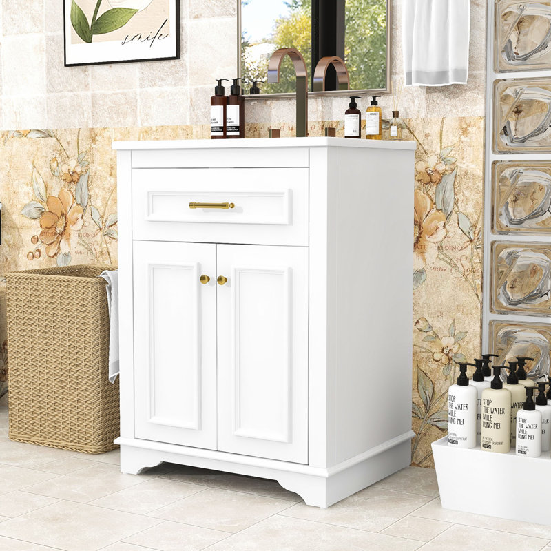 Meuble-lavabo de salle de bain avec lavabo en céramique intégré, tiroir basculant et tablettes réglables, Blanc