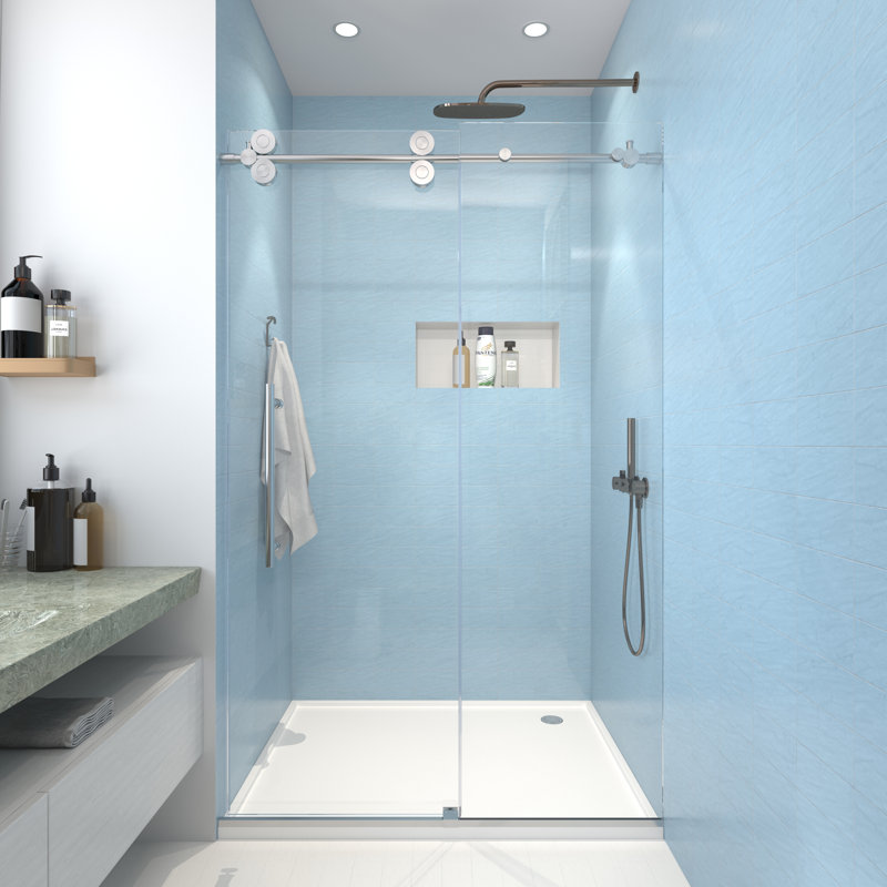 Julien 48" W x 76" H Single Sliding Frameless Shower Door with Heat Soaking Process and Protective Coating Treatment, Chrome