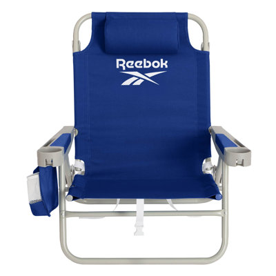  5-Position Reclining Aluminum Beach Chair, Portable Foldable Backpack Lounge Chair with Pillow, Cup Holder and Side Pocket, Navy Blue