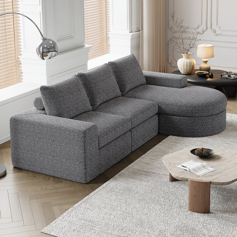 Boneless 99-Inch Chenille Cloud Curved Sectional Sofa With Chaise, L-Shaped Modern Upholstered Sectional Sofa With Three Modules, Sectional Sofa For Living Room And Bedroom, No Assembly Required