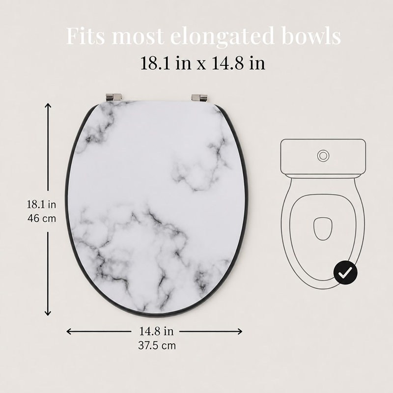 Siège de toilette allongé aspect marbre Carrara Noir, 18 po, panneau de fibres à densité moyenne, charnières en acier inoxydable, blanc et noir