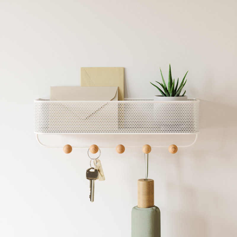 White Steel Wall Organizer with Wooden Knob Hooks