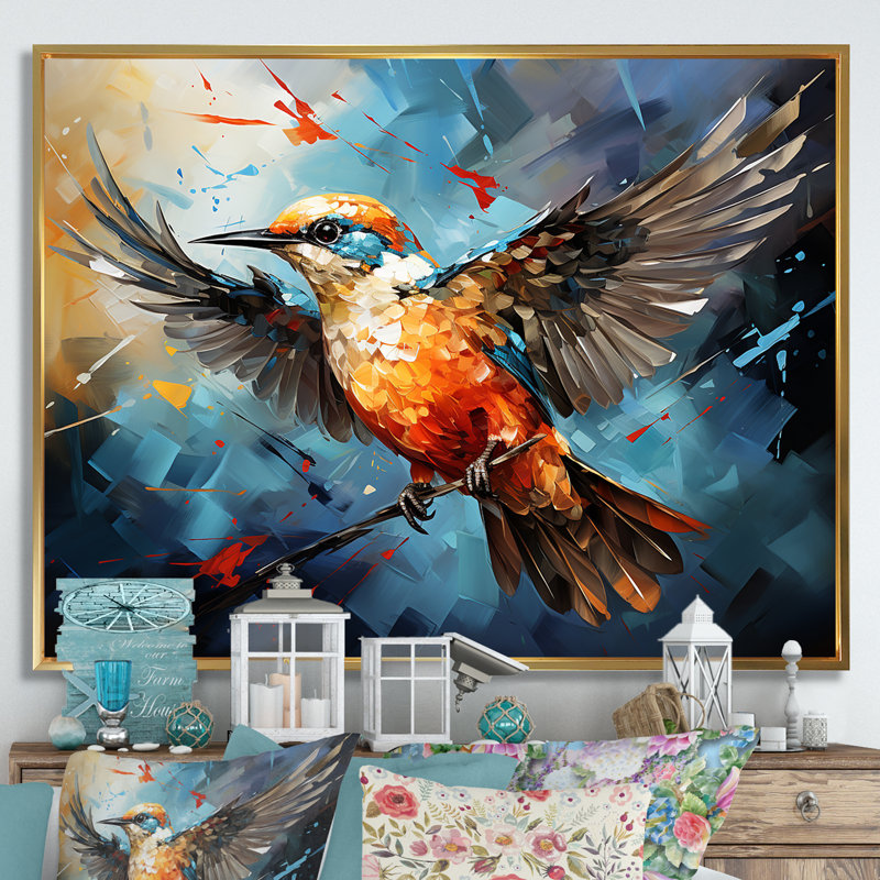 «Geometric Birds In Cubist Skies II», art mural sur toile, H 12 po x l 20 po, Cadre photo argenté