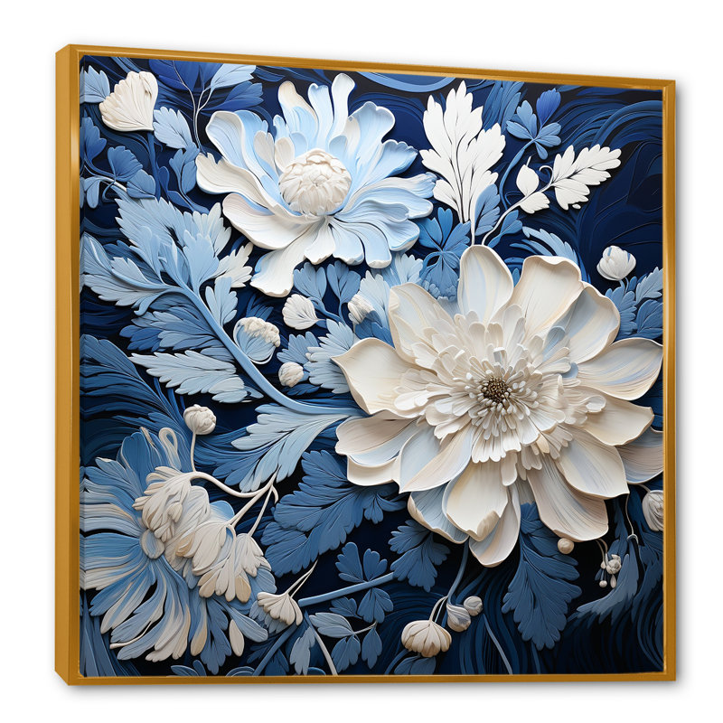 Watercolor Blue And White Seasonal Flowers III - Flowers Canvas Print Wall Art, 16" H x 16" W, Gold Floater Framed