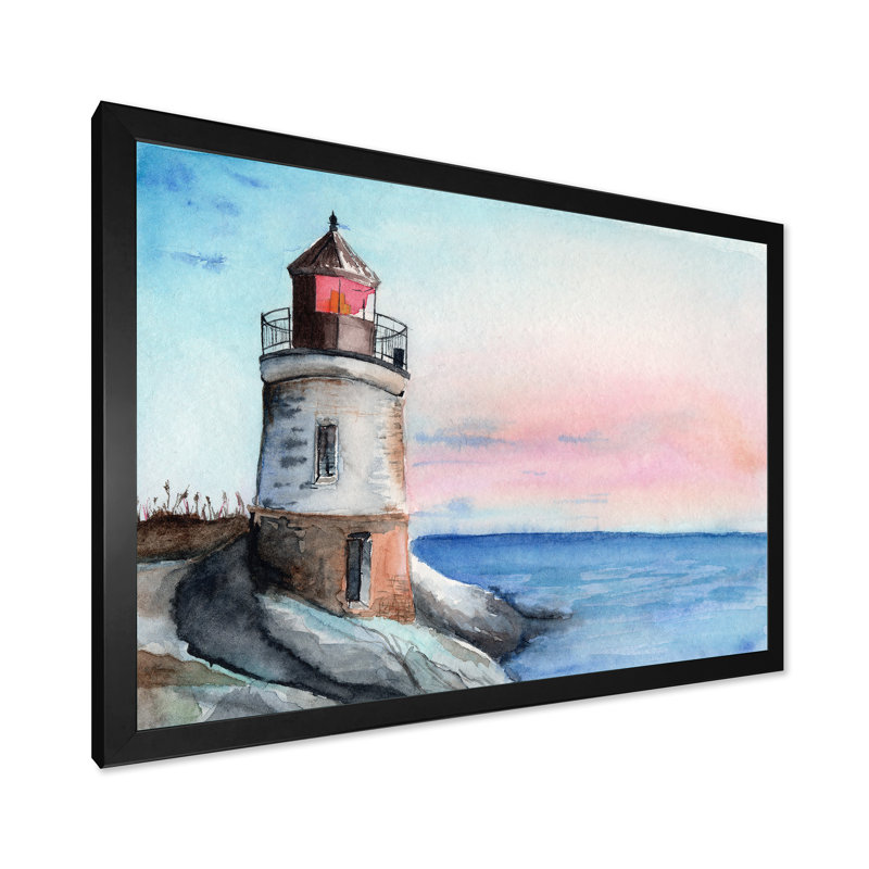Un phare sur un rivage en début de matinée - peinture sur toile, H 24 po x l 32 po x 1,5 po, Toile avec cadre noir