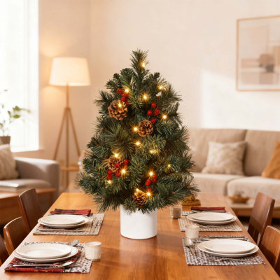 Mini arbre de Noël 2 pi avec 30 lumières blanches chaudes, baies rouges et pommes de pin pour la table