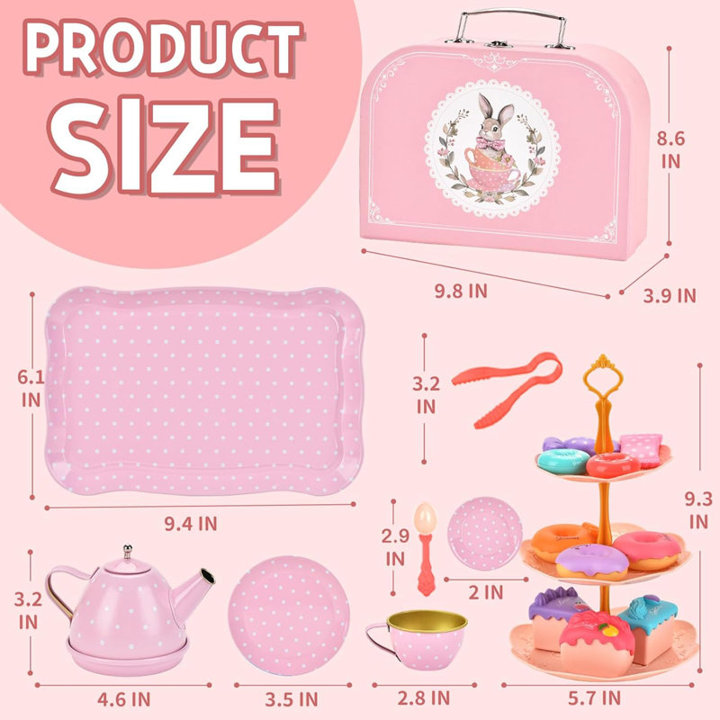 Red Barrel Studio Bunny Princess Pretend Tea Party Set with Carrying ...