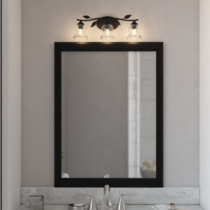 Fairwood 3-Light 21 In. Wide Matte Black Rustic Bathroom Vanity Lighting Fixture, Clear Ribbed Bell Glass Shade, Dimmable, LED Compatible, Reversible Over The Mirror Mounted Metal Wall Sconce, Branch And Leaf Motif