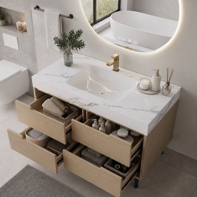 Meuble-lavabo moderne de 35,4 po avec lavabo sous comptoir, plateau en pierre frittée, bois massif multi-couches imperméable, rangement à 4 tiroirs, autoportant / mural