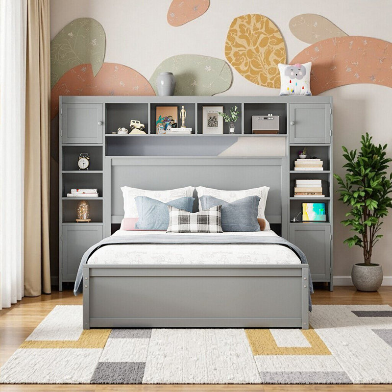 Élégant grand lit en bois avec rangement, gigogne et prises de courant intégrées - Lit plateforme gris moderne pour une vie confortable et connectée