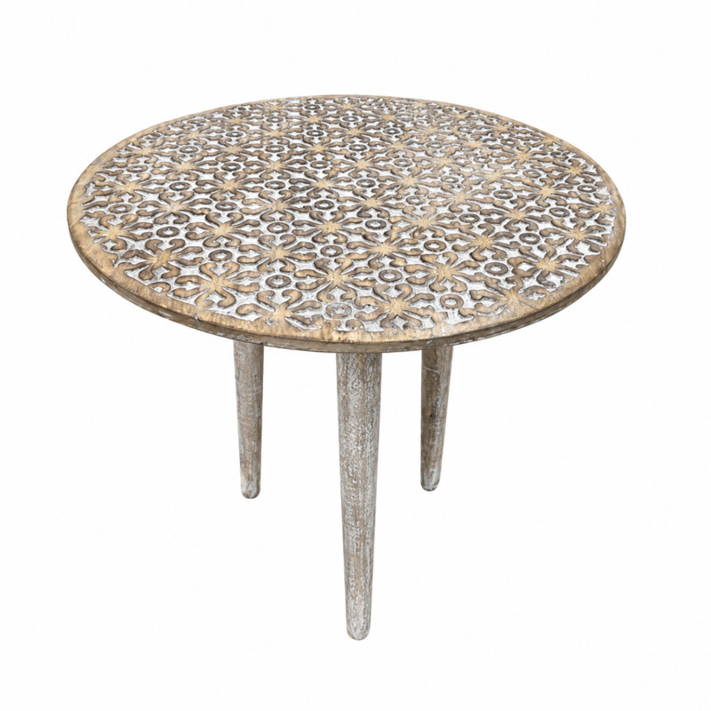 Table d'appoint décorative faite à la main en bois de manguier et table d'appoint décorative à motif floral sculpté pour salon, chambre à coucher et entrée 21 x 21 x 22 pouces