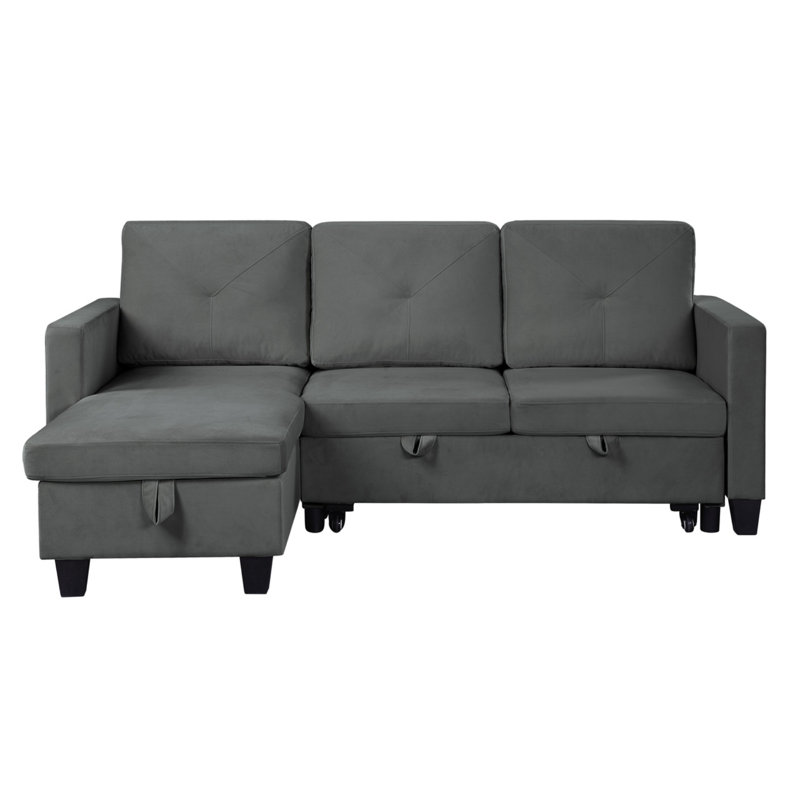 Nova 82.5"W Dark Gray Velvet Reversible Sleeper Sectional Sofa With Storage Chaise, Dark Gray Velvet