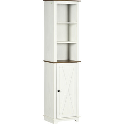 Tour de rangement autoportante pour salle de bain avec trois tablettes ouvertes et porte, étagère de rangement en lin blanche pour produits de nettoyage, serviettes hygiéniques,