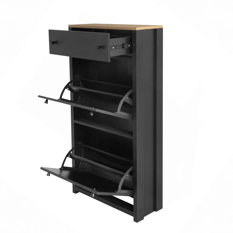 Rangement pour chaussures, organisateur de vestibule fonctionnel avec 2 tiroirs rabattables, armoire à chaussures à motif grain de bois avec tiroir, étagère à chaussures autoportante avec panneau réglable pour le couloir