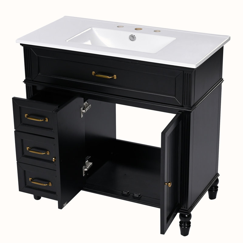 Meuble-lavabo avec lavabo et armoire avec tiroirs, Noir, noir, noir, noir, Doré