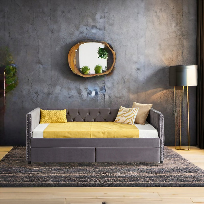Leandra Upholstered Daybed, Twin, Gray, Drawer Include