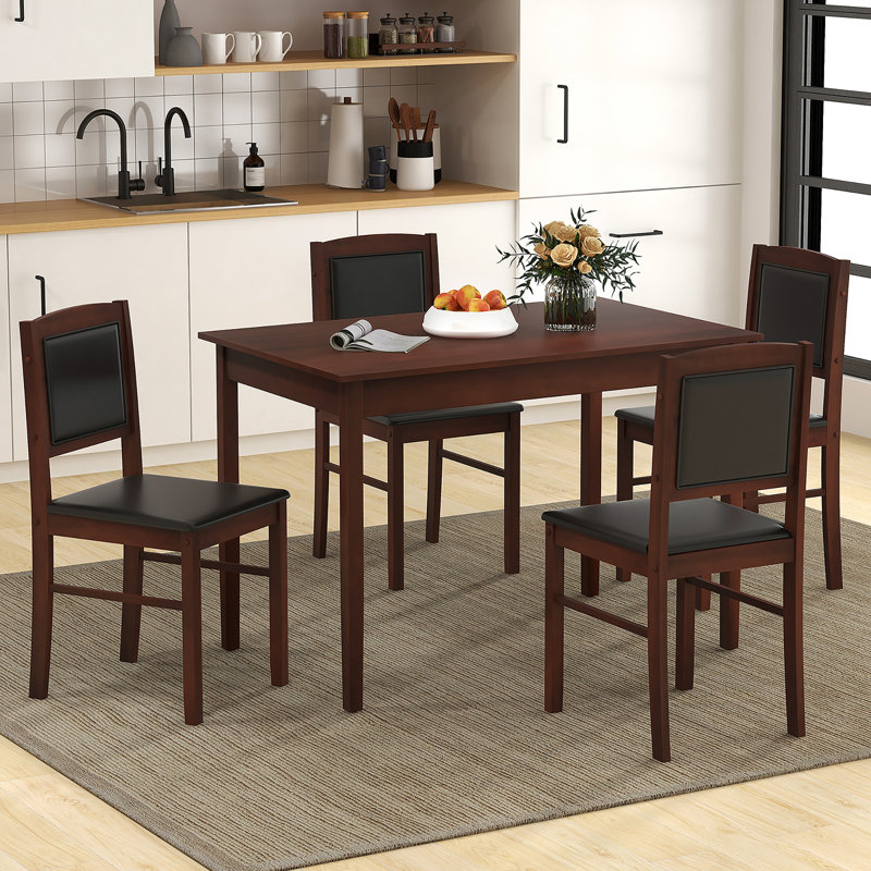 5 PCS Dining Table Set for 4 w/Rubber Wood Legs Upholstered Seat Padded Backrest, Black, Brown