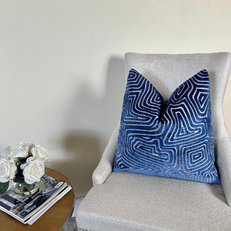 Maze Velvet Throw Pillow Cover, 20"H x 20"W, Blue Geometric