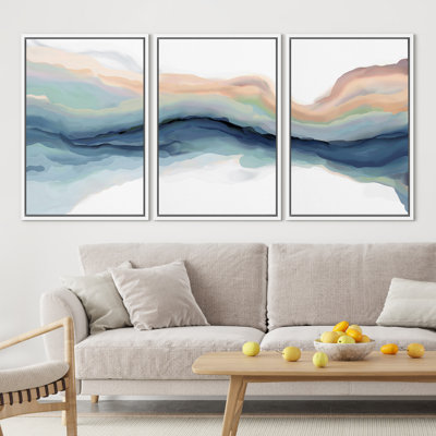 «Pastel Watercolor Blue Paint Stroke Abstract Landscape», reproduction d'art sur toile encadrée, décoration murale