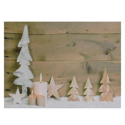 Art mural en toile avec bougies scintillantes à DEL et arbres en bois d'hiver 12 po x 15,75 po