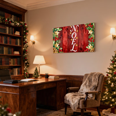 Ensemble de 3 planches de bois rouges de Noël avec texte de Noël et verdure des Fêtes, ensemble de 3 impressions sur toile