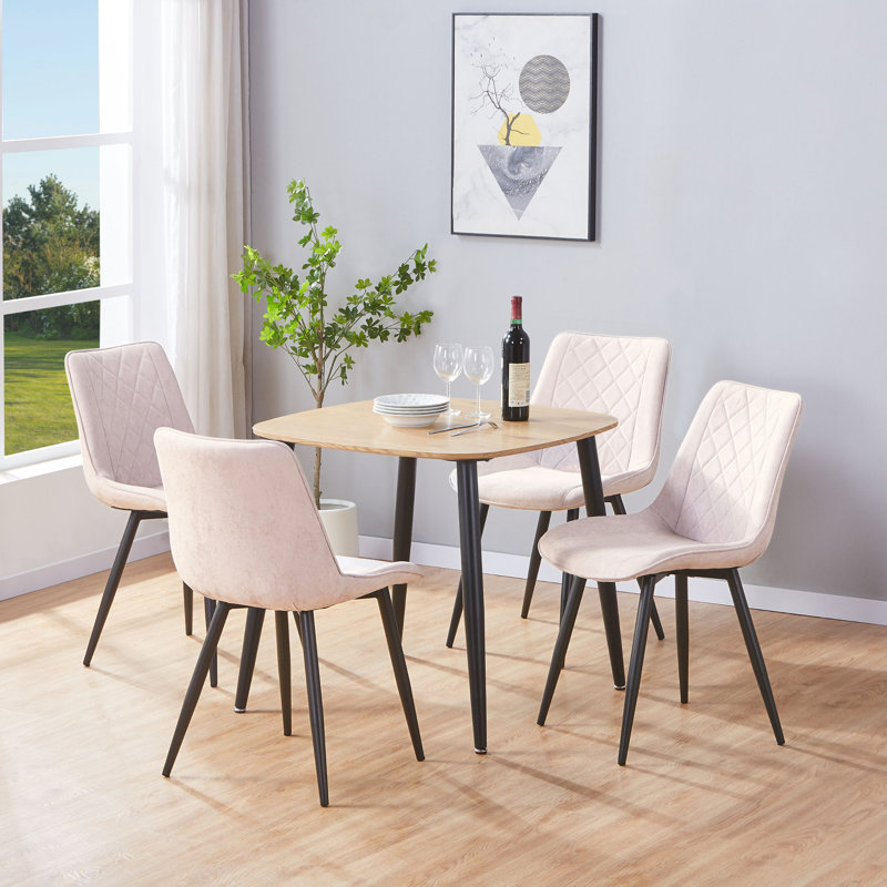 Aspen 5-Piece Casual Dining Set - Square Dining Table & Four Upholstered Diamond Fabric Chairs, Natural, Light Oak