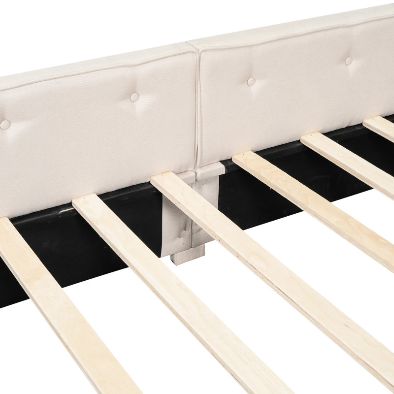 Grand lit tapissier avec port et 2 tiroirs en forme de papillon, plateforme beige et fermeture en douceur, Grand lit