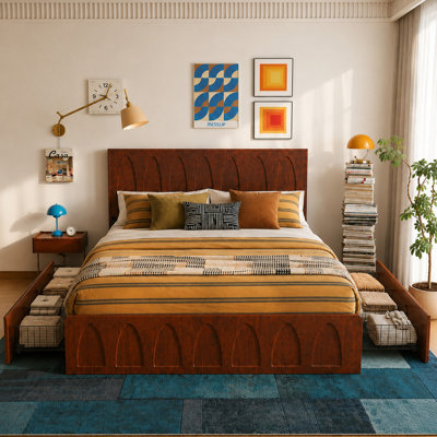 Solid Wood Platform Bed Frame with Storage Drawers and Wood Slat Support